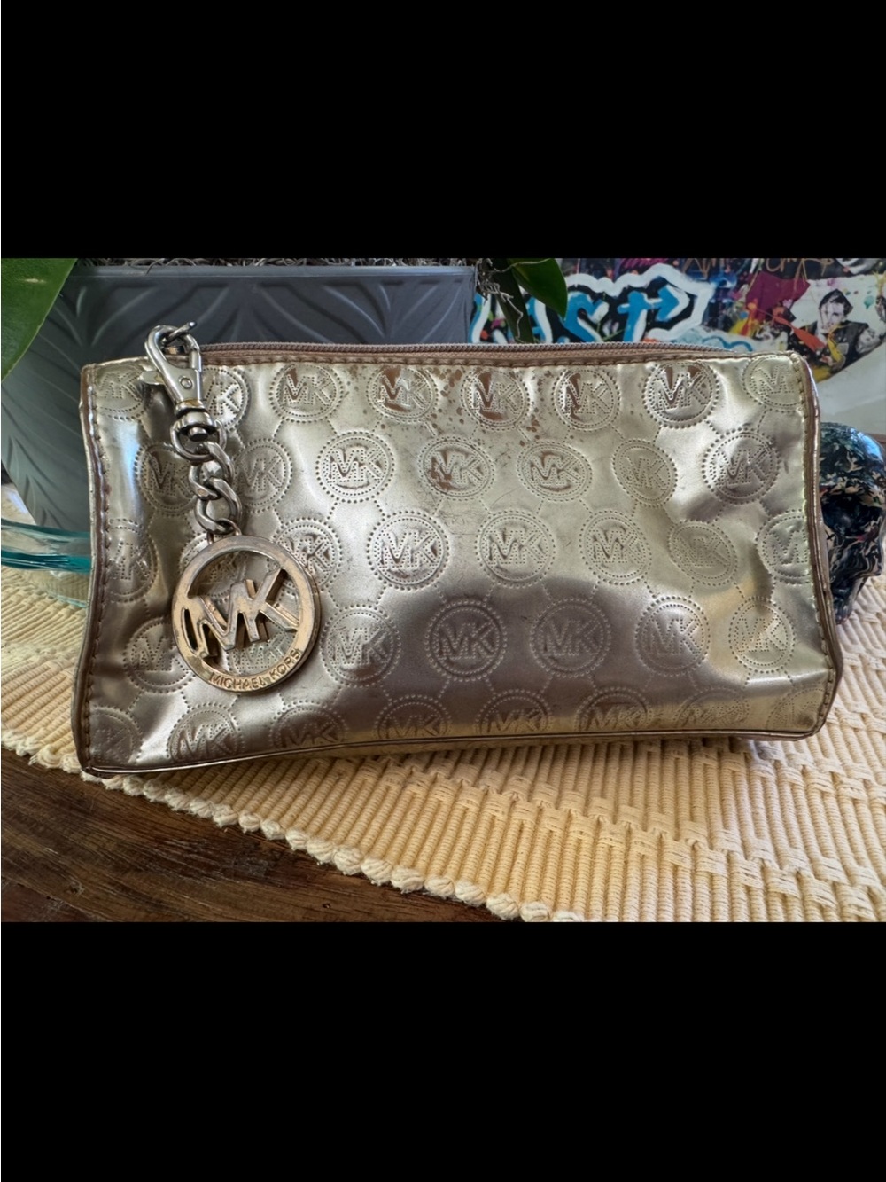 Michael Kors Metallic Pewter MK Logo Wristlet with Charm